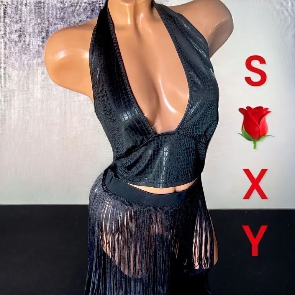 SXY l 2-piece Set l Leather Halter, Embossed - Gorgeous! Sexy Fringe Skirt l New